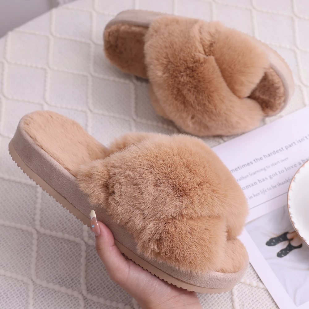 

Comwarm Fashion Fur Fuzzy Slippers Women Fur Flip Flops Female Winter Fluffy Fur Slides Ladies Soft Plush Home Indoor Slippers
