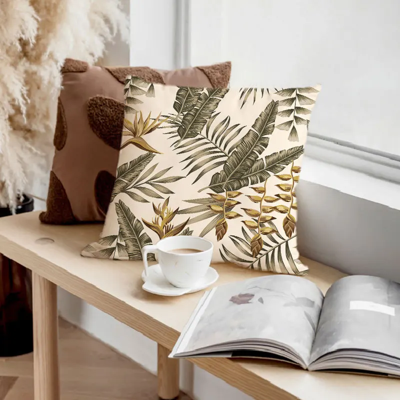 

45X45CM Ropical Plants Pillow Case Peach Skin Decorative Pillowcases Green Leaves Throw Pillow Case kussensloop poszewka