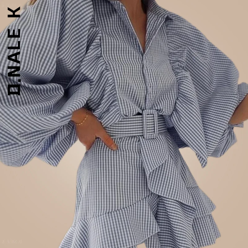 

D.Nale K Belt blue plaid batwing long sleeve Office ruffle shirt mini dress Leisure Club Outfits Female Vestidos Dress Woman
