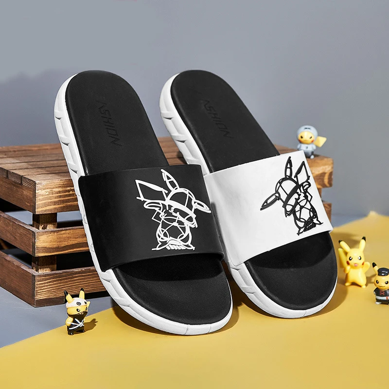 

Летние шлепанцы с героями мультфильмов Покемон Пикачу, домашние повседневные Нескользящие износостойкие легкие дышащие мужские тапочки с ...