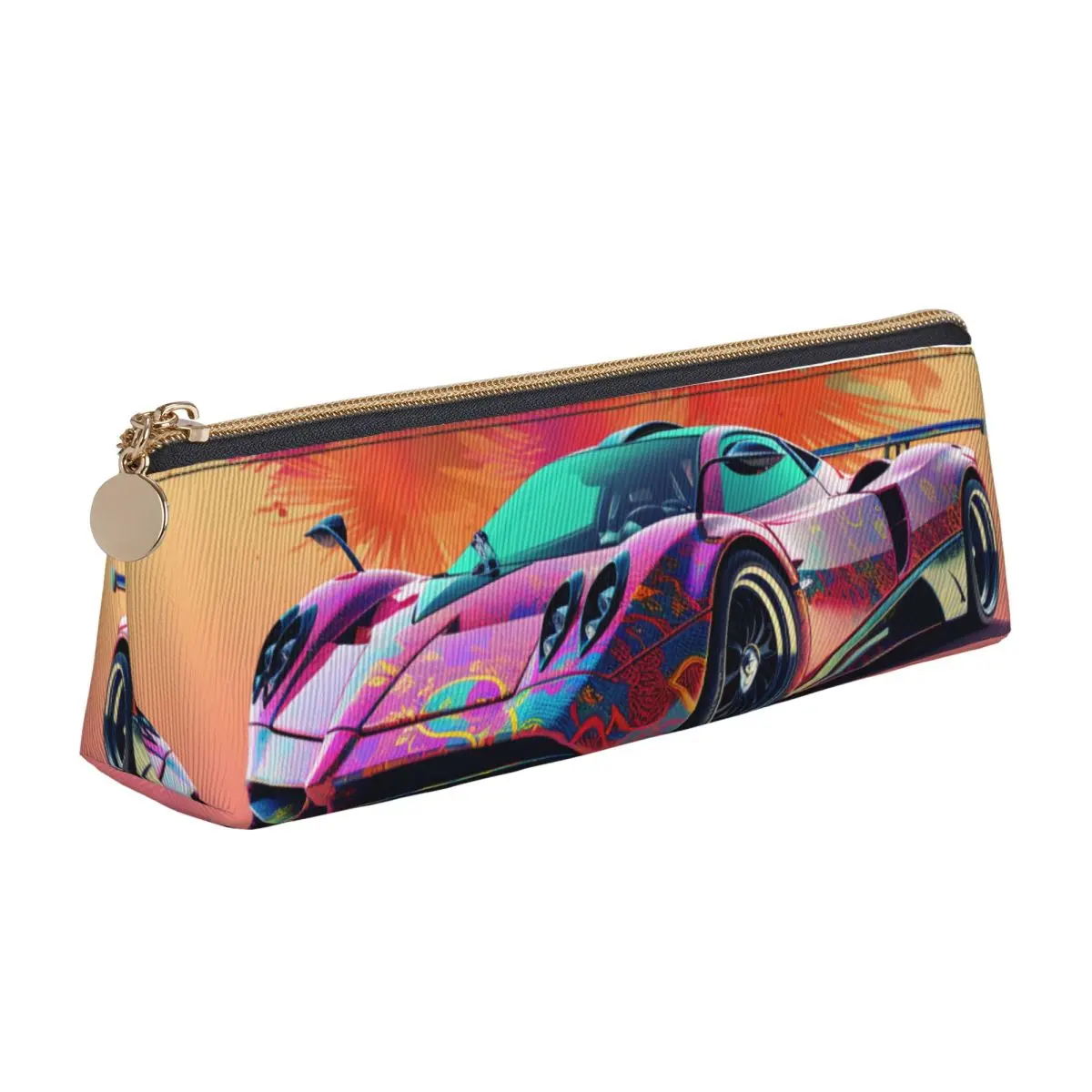 

Speed Sports Car Leather Pencil Case Cover Art Neo Fauvism Cute Zipper Pencil Box College Teenager Triangle Pen Bag