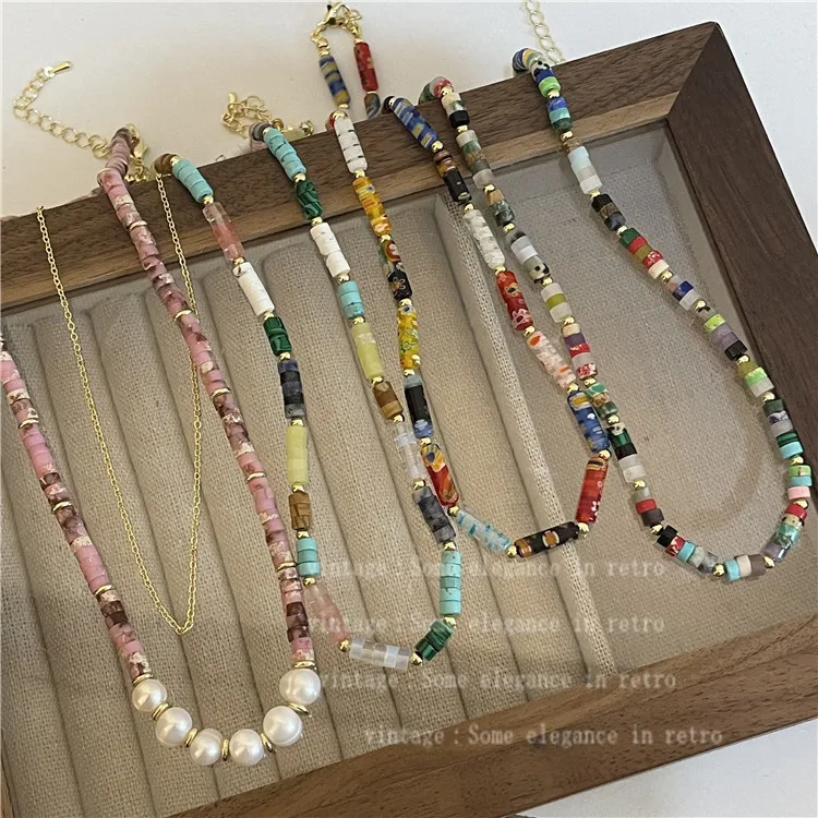 

Colored Natural Stone Beads Necklace Beaded Collarbone Chain Collar for Women Jewelry