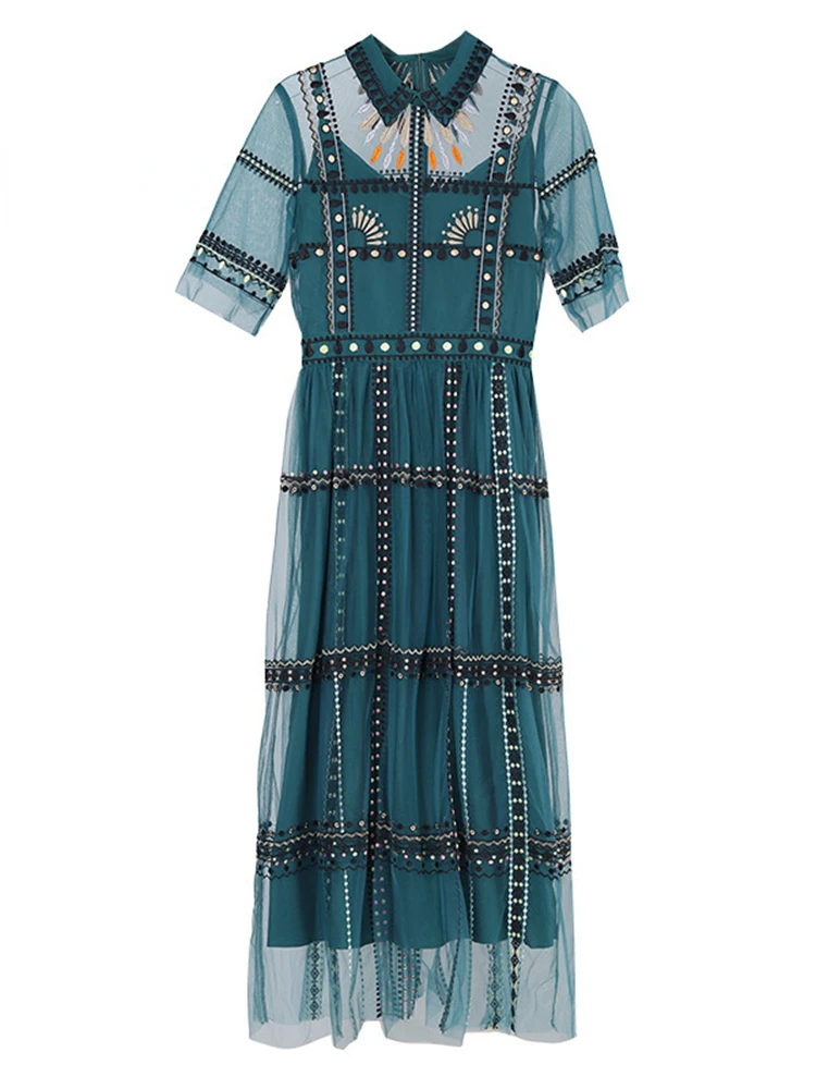 

2022 Fashion Trend Summer New Elegant Dresses For Women Short Sleeve Lapel Embroidered Mesh Midi Dress Female Clothing