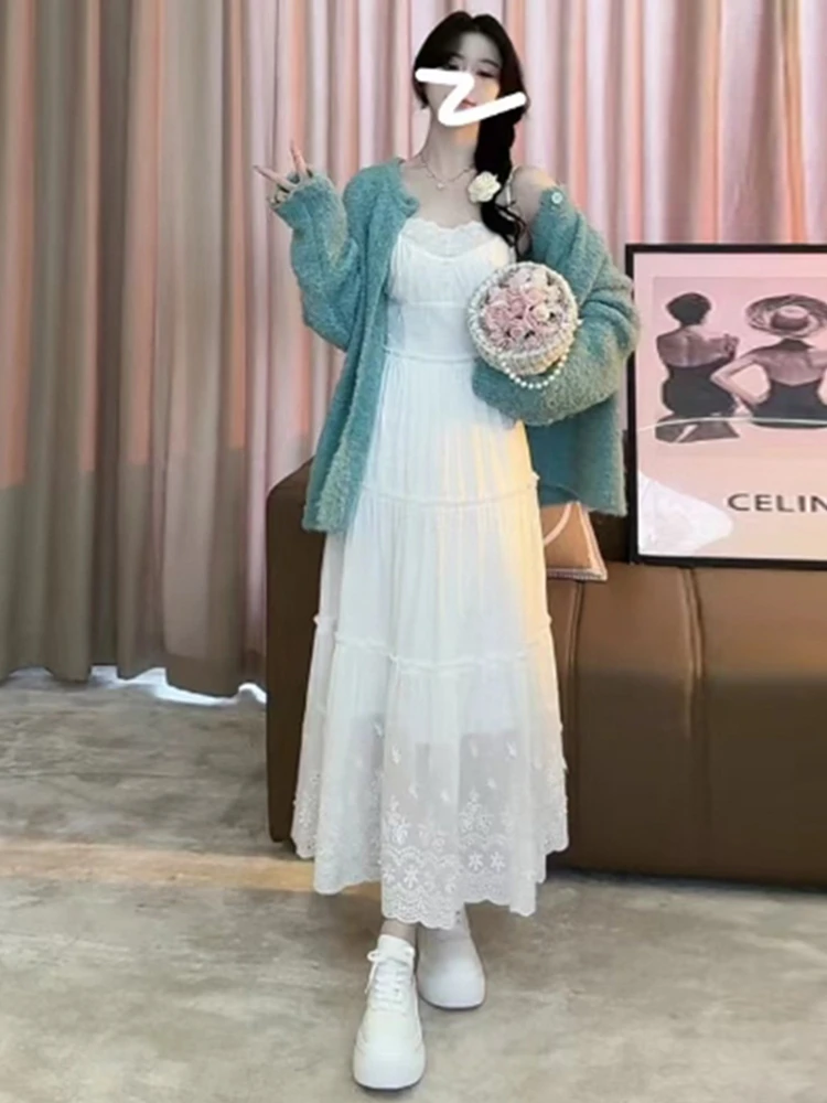 Летнее корейское платье Sle 2023 Новое поступление белое на подтяжках женское