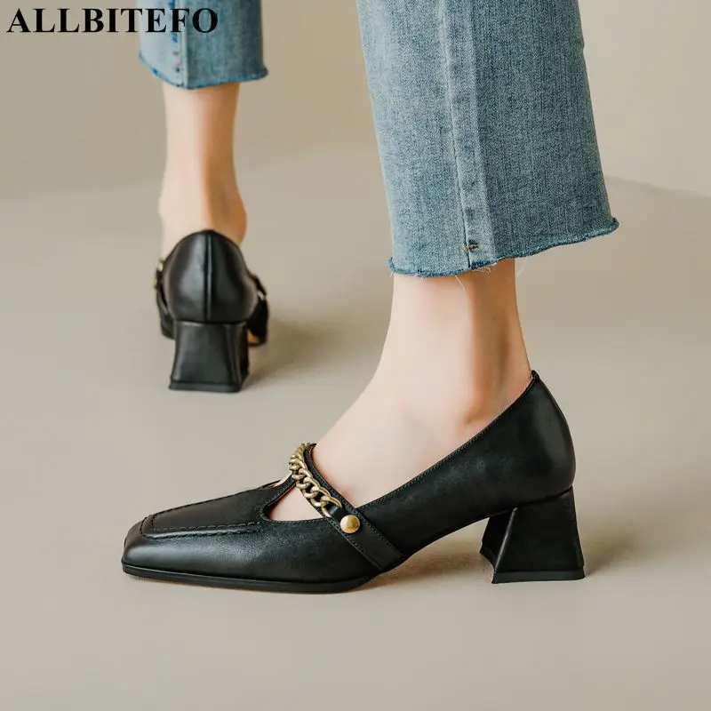 

Size 34-40 Square Toe Chain Design Spring Fashion Soft Genuine Leather Female Office Work Women Heels Shoes Walking High Heels