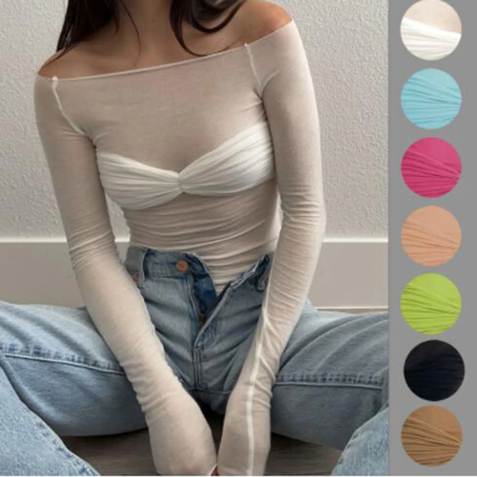 

Black Solid Slash Neck Elegant Long Sleeve Tops Korean Slim Sexy Cropped T Shirt Women Fall Hoodies Transparent Mesh Blouses