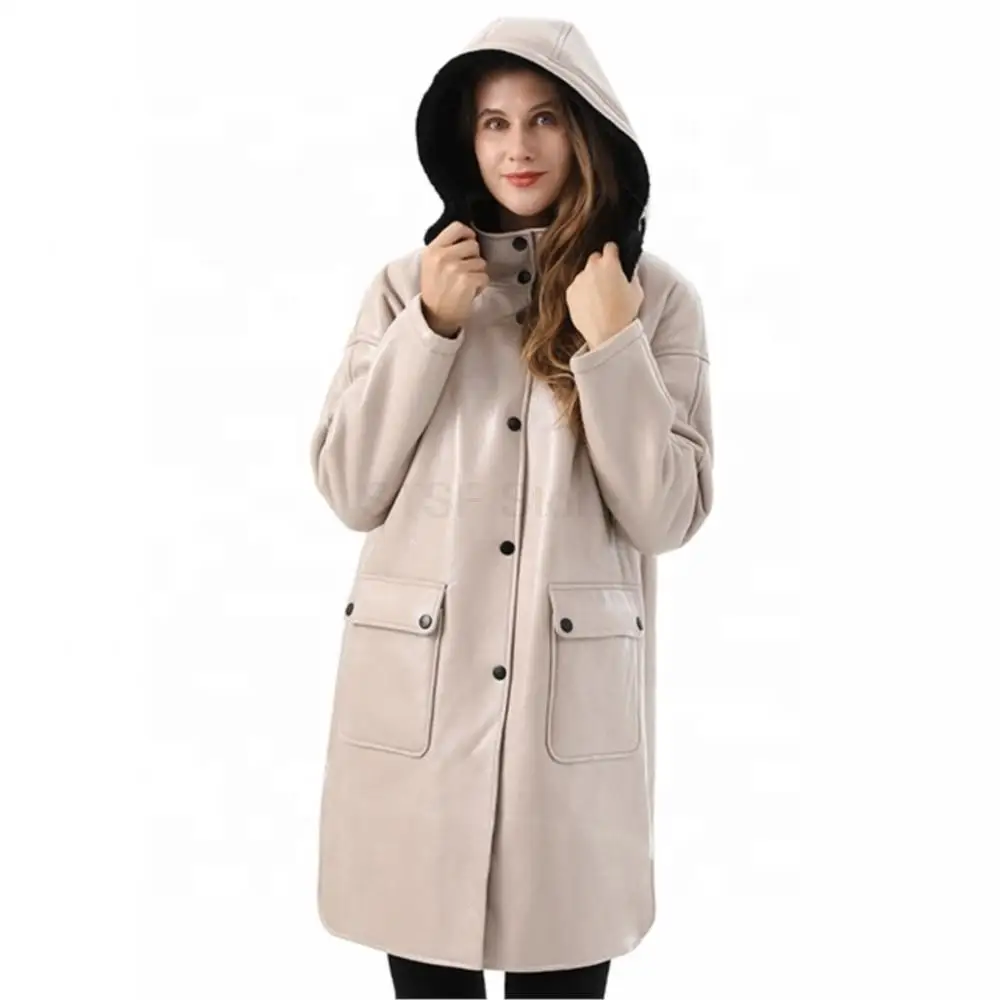 Women Real Leather Long With Detachable Hood Jacket Lapel Pocket Single Breasted Coat Pure Color Cowhide Women's Indbreaker
