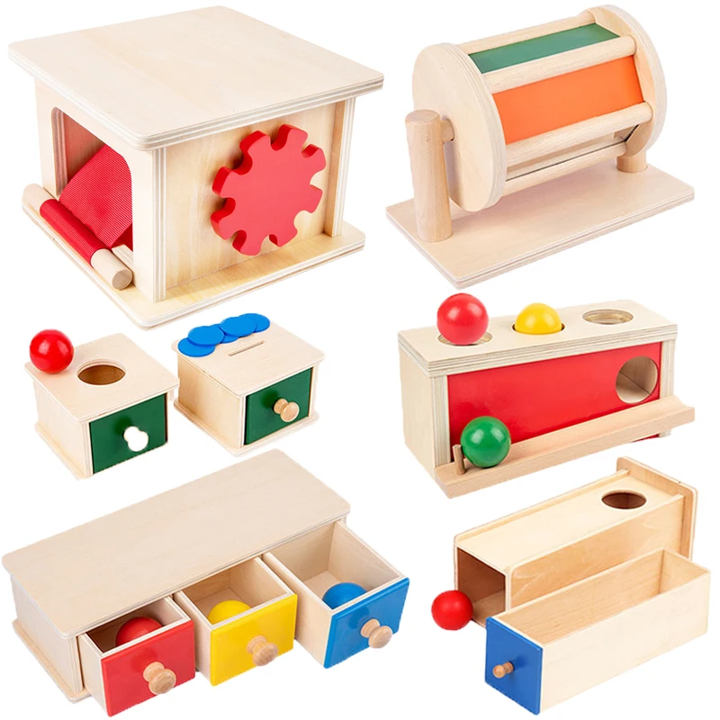 

Kindergarten Montessori Wooden Toys Winder Object Permanence Box Coin Box Drawer Game Textile Drum Teaching Aids Sensory Toys