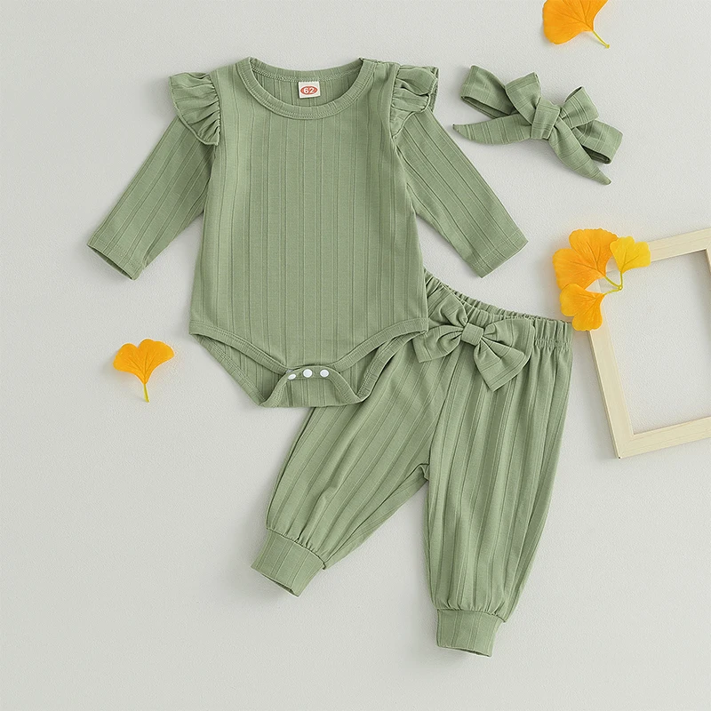 

BeQeuewll Baby Girls Jumpsuits Set Solid Color Ruffle Cotton Skincare Top and Casual Pants with Bow Decoration Set