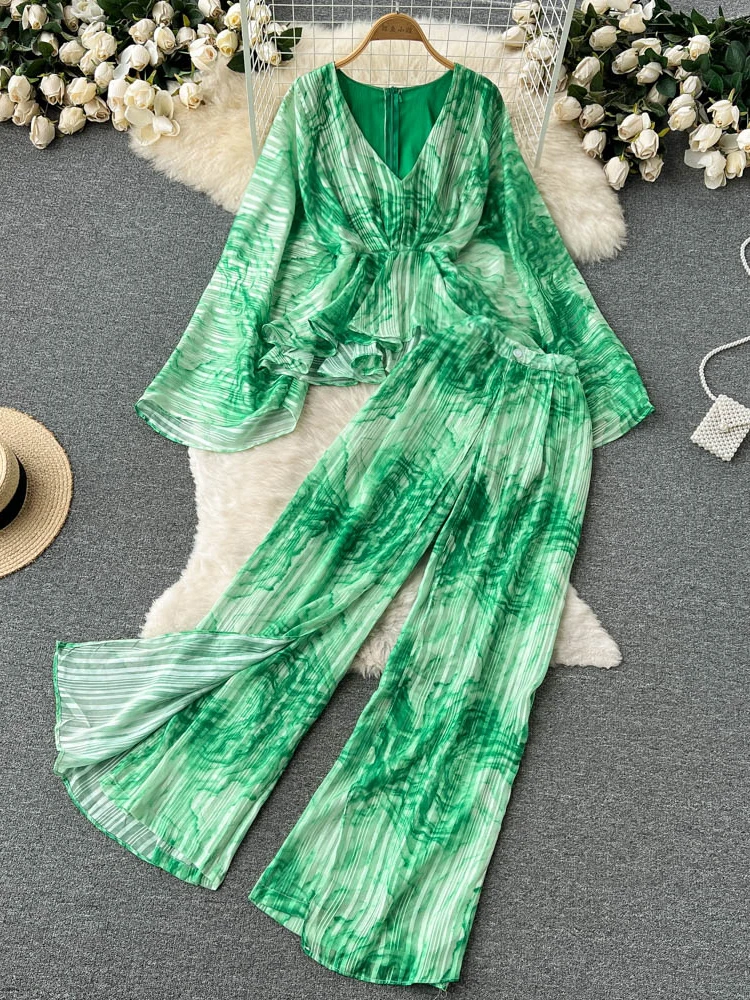 

Hikigawa Chic Fashion Woman 2 Piece Sets V Neck Long Sleeve Female Blouse+High Waist Wide Leg Pants Elegant Conjunto Feminino