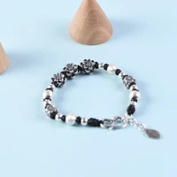 pure s925 silver diy hand woven wax rope bracelet retro craft anemone silver bead bracelets womens jewelry