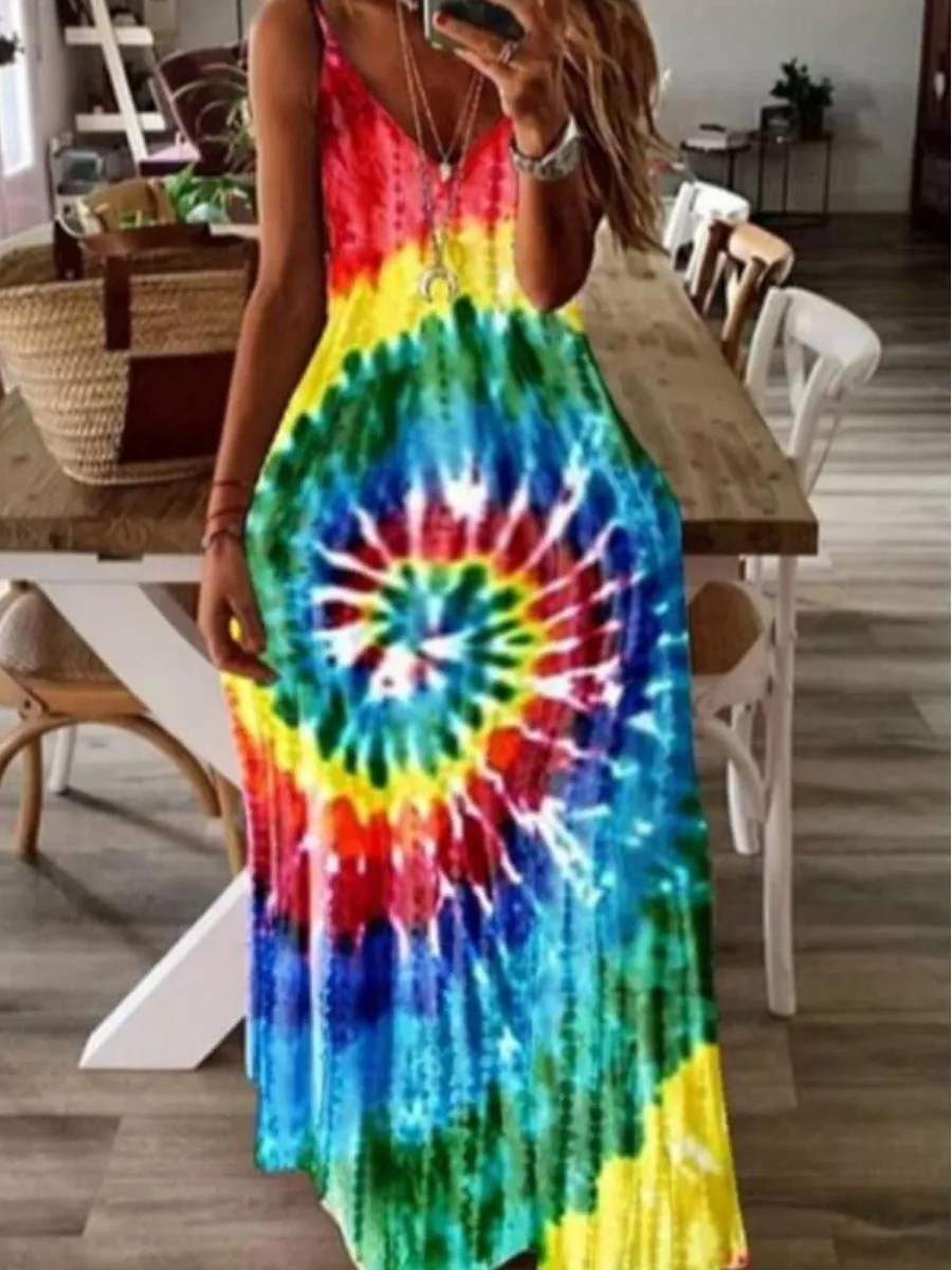 

LW Plus Size Bohemian Tie-dye Red Ankle Length Dress Vintage Printed Vestidos Women Short Sleeves V Neck Slit Midi Dresses