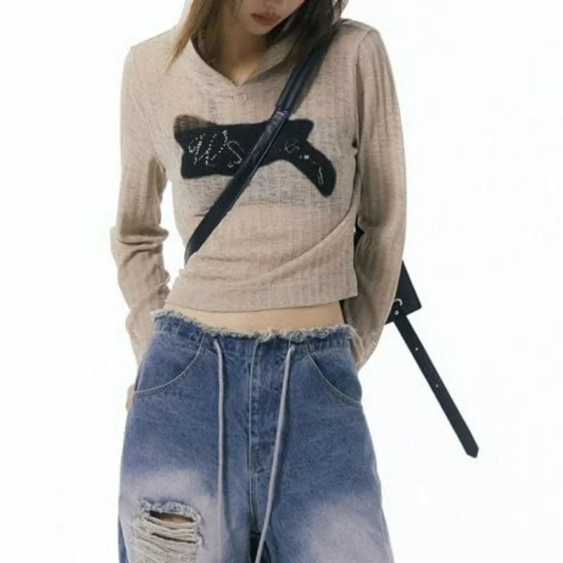 

Vintage Harajuku All-match Pull Femme Hooded Collar Long Sleeve Slightly Transparent Jumpers Contrast Color Print Sweater Y2k