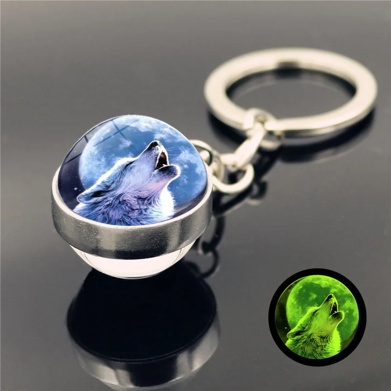 

Simple Wolf Head Pendant Key Ring Glow in the Dark Wolf Key Chain Howling Wolf and Moon Keyring Double Side Glass Ball Keychain