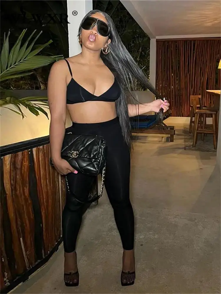 

WLWXR летняя одежда уличная одежда 2 комплекта из двух предметов женская одежда короткий топ без рукавов 2022 узкие брюки костюмы черные подходя...