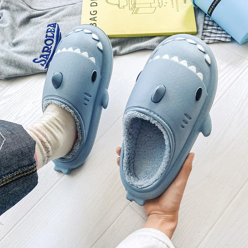 New Winter Fashion Cartoon Shark Slippers Women Cute Couple Shoes Men Home Anti-skid Flip Flops Women Warm Indoor Funny Slippers