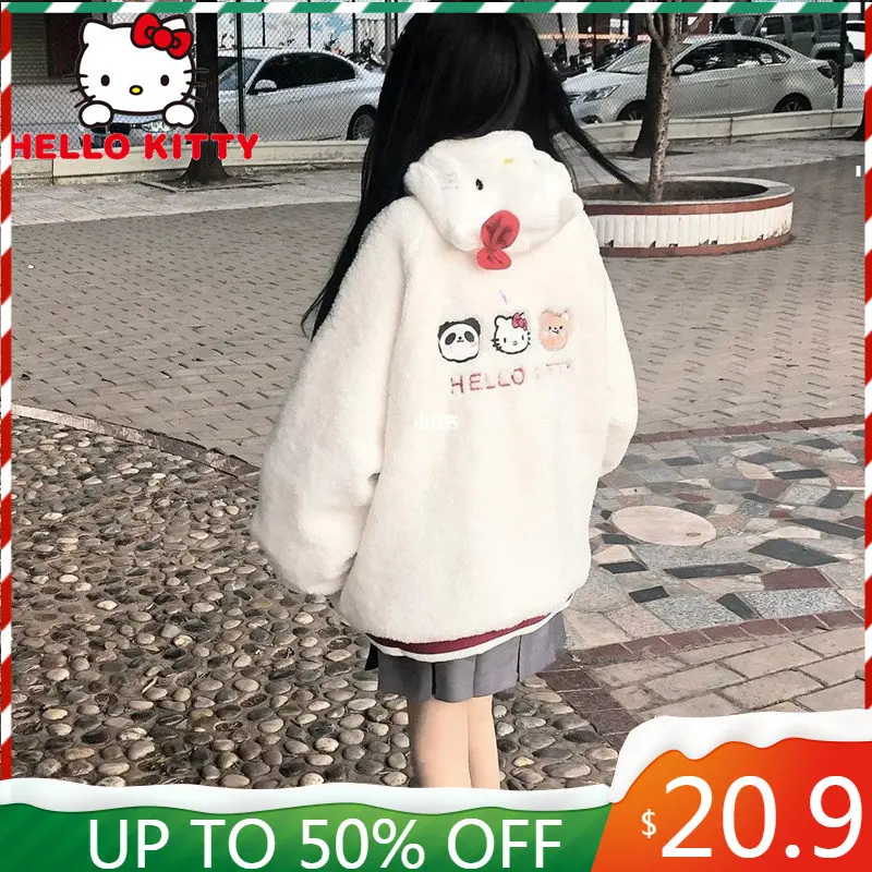 

Hello Kitty Clothes Lamb Coat Top Y2k Kawaii Sanrio Cartoon Women Baseball Uniform Jacket Velvet Thickened Loose Winter Fleece