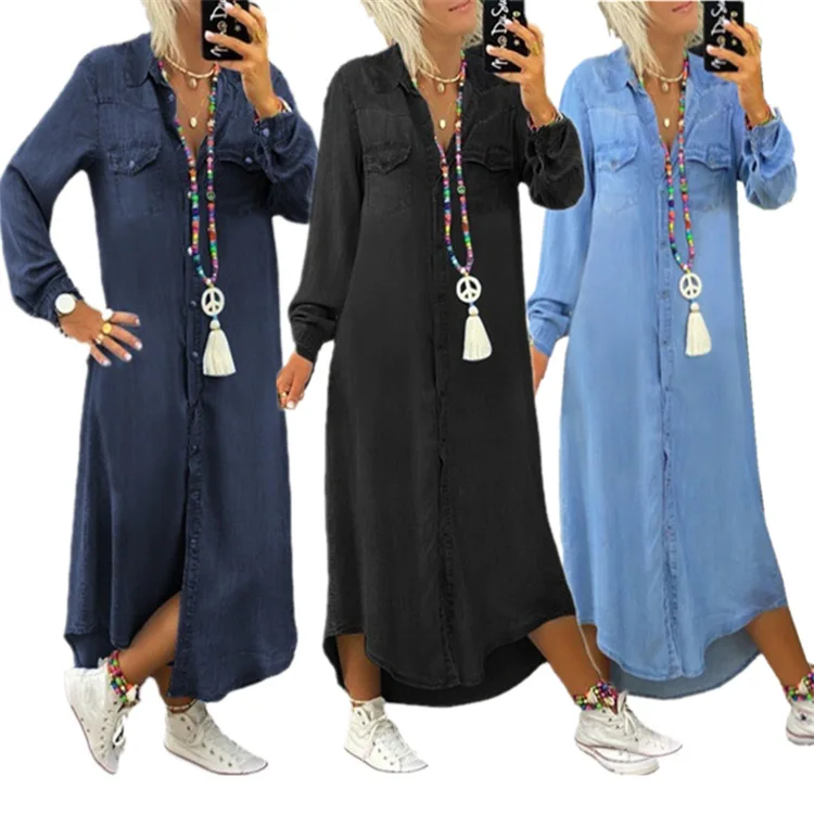 

2023 denim long skirt New shirt collar denim casual skirt long skirt