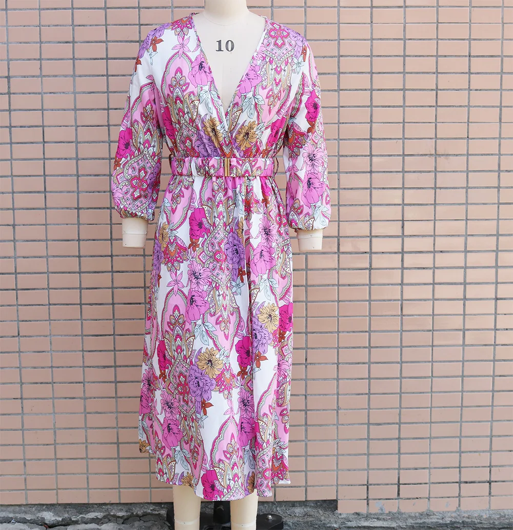 Женское платье с длинным рукавом V-образным вырезом и поясом