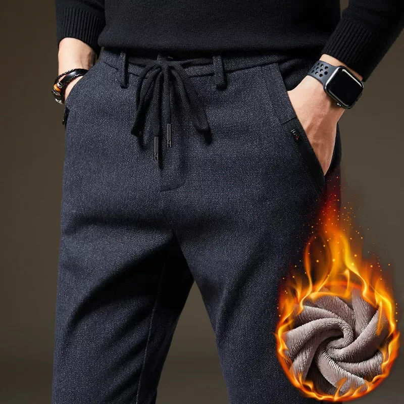 

2022New Winter New Men's Warm Casual Pants Fashion Brushed Fabric Thick Fleece Brand Slim Office Pants Male Navy Black 38