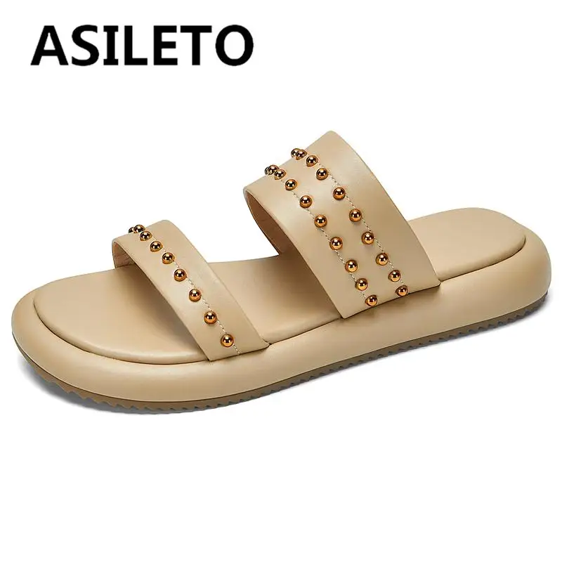 

ASILETO Soft PU Leather Women Outdoor Shoes Mules Slippers Thick Heel Metal Decoration Plus Size 32-42 Comfortable Daily S3944