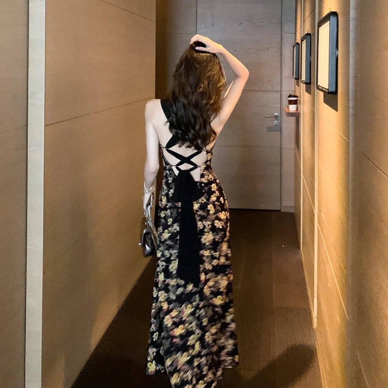 

French Retro Floral Suspender Maxi Dress Women 2021 Sundress Holiady Backless Beach Boho Dress Tube Top Slim Sleeveless Dress