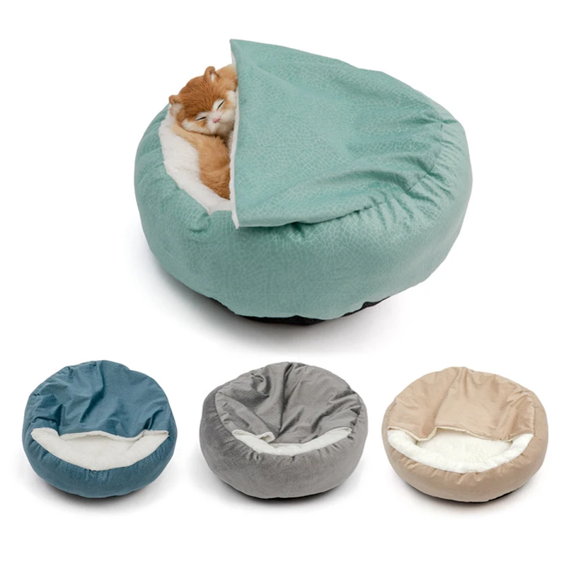 

Winter Plush Pet Cat Bed Round Semi Enclosed Solid Color Cat Nest Cushion House 2 In 1 Warm Dog Basket Cat Sleep Bag Kennel