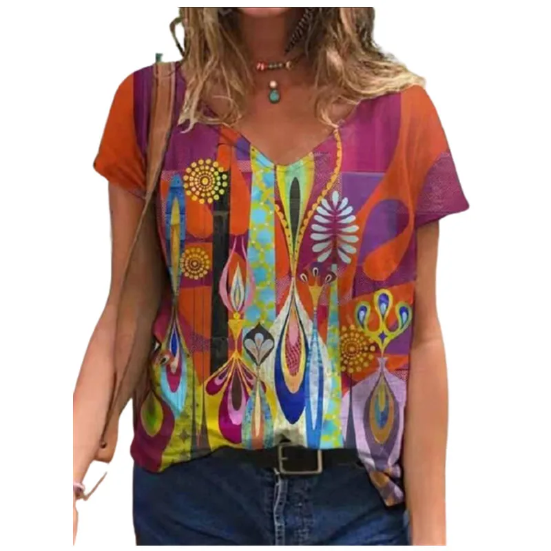 

2022 Abstract 3D Print T-shirt Women Casual Short Sleeve V-Neck Blouse Fashion Streetwear Ladies Tops Plus Size