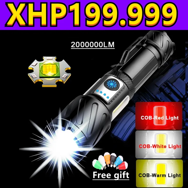 

Супер яркий светодиодный фонарик XHP199 100 Вт, масштабируемый высокомощный фонарик с USB-зарядкой, водонепроницаемый тактический светильник он...