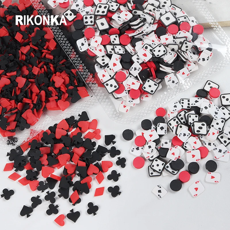 

10g Resin Poker Cards Sequins Heart Spades Logo Red Black Polymer Clay mixed Slice For DIY Wonderland Theme Nail Art Decorations