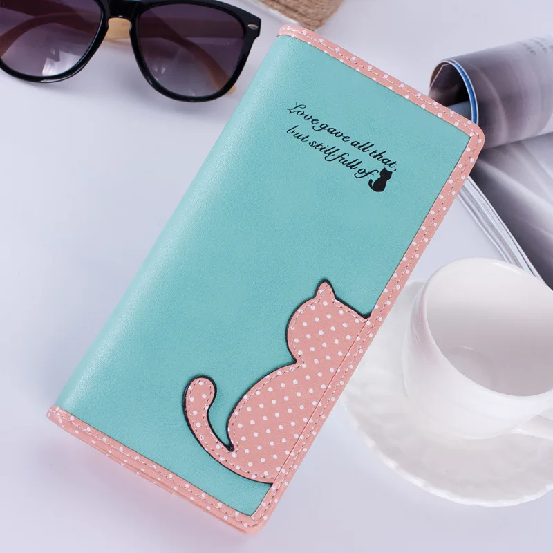 Long Women's Purse Cute Cat Pendant Student Zipper Money Clip Multi-card Slot ID Handheld Bag Girls' Wallet
