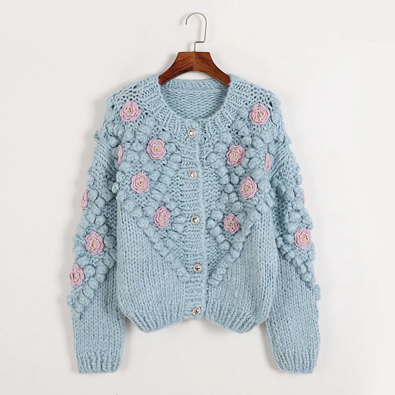 Handmade Crochet Sweater Cardigans Women Knitted Tops Loose Jersey Flower Embroidery Wool Jersey 2022 Autumn Winter Korean Style