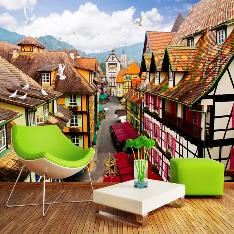 

Custom Size Wallpaper European Small Town Building 3D Photo Background Study Room Restaurant Cafe Bar Wall Decor Mural Paper