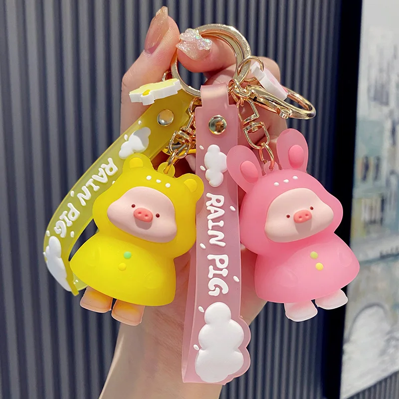 

Cartoon Genuine Raincoat Piggy Keychain Car Key Chain Ring Holder Pendant Funny Keyring Cute Couple Bag Small Ornament
