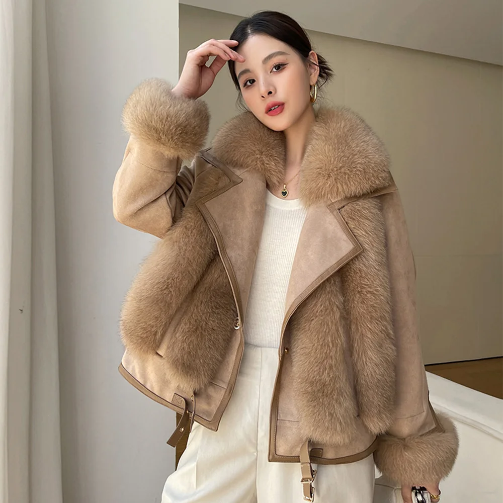 New Women Real Fur Coat Autumn Winter Fashion Goose Down Liner Fox Fur Suede Patchwork Double-faced Fur Jacket Loose Outerwear