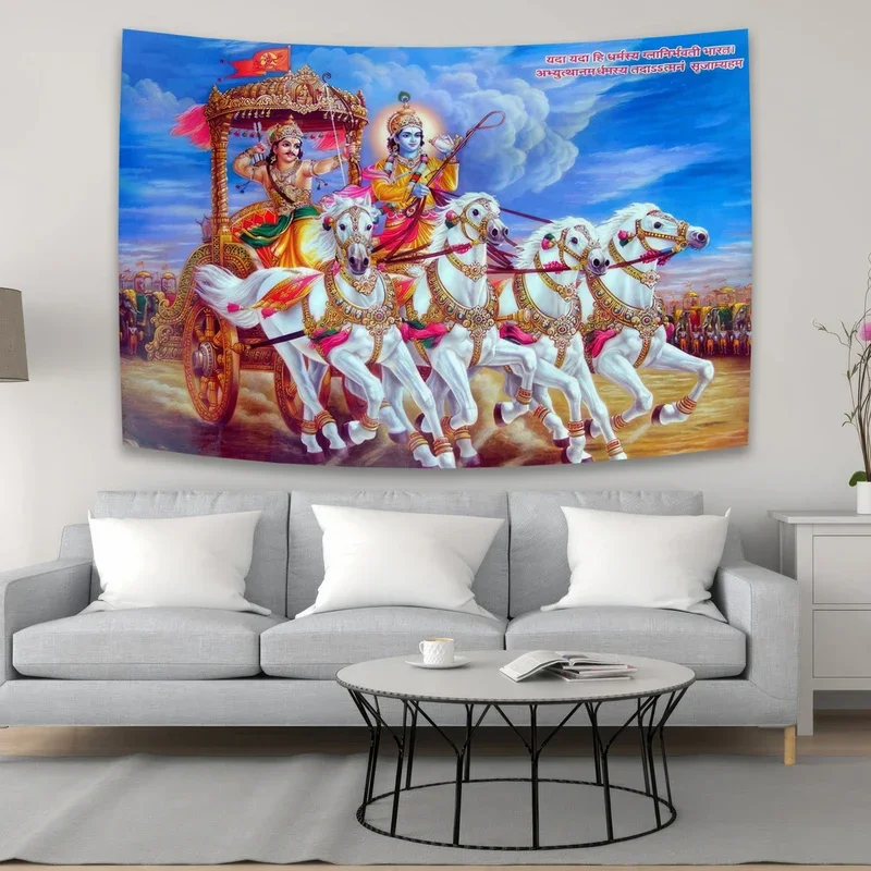 Фото Krishna Preaching Arjuna- Bhagwat Geeta гобелен Kawaii Декор комнаты Настенное украшение комнаты #   0@ №1