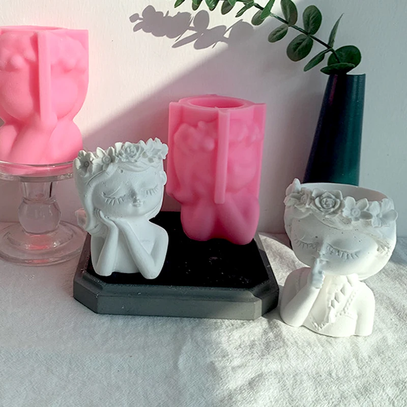 

Силиконовая форма в форме головы милой девушки, цветочный горшок, бетонная цементная ручка, подсвечник, ручная работа