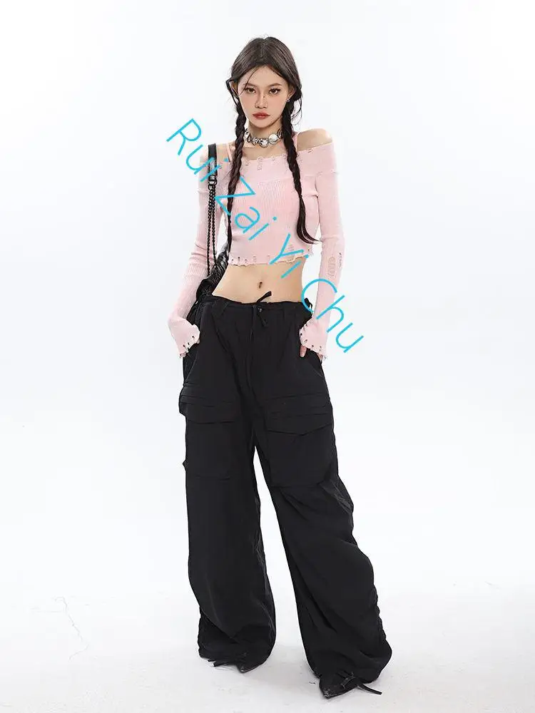 

Уличные спортивные женские комбинезоны спасти на шнуровке с карманами в стиле хип-хоп, Свободные повседневные брюки в стиле Харадзюку, брюки Y2K