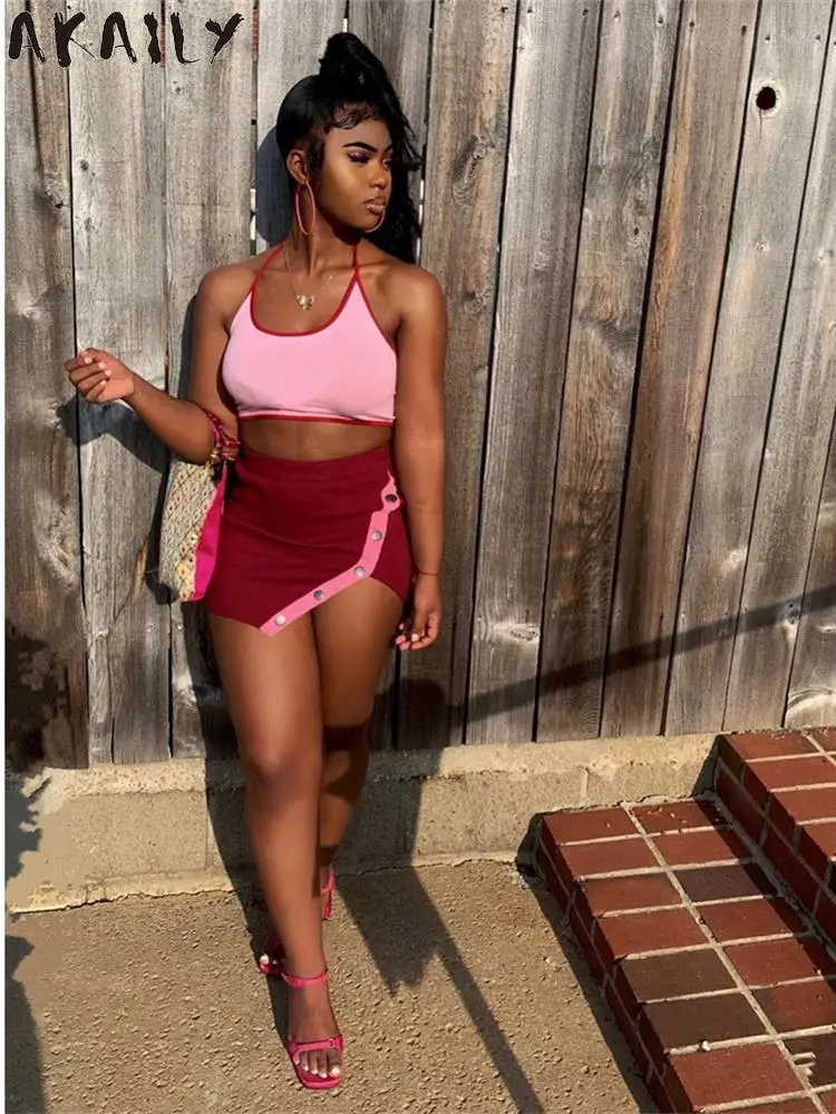

AKAILY Summer Streetwear Two 2 Pieces Women Outfits 2022 Sleeveless Halter Crop Tops Button Mini Skirts Pink White Matching Sets