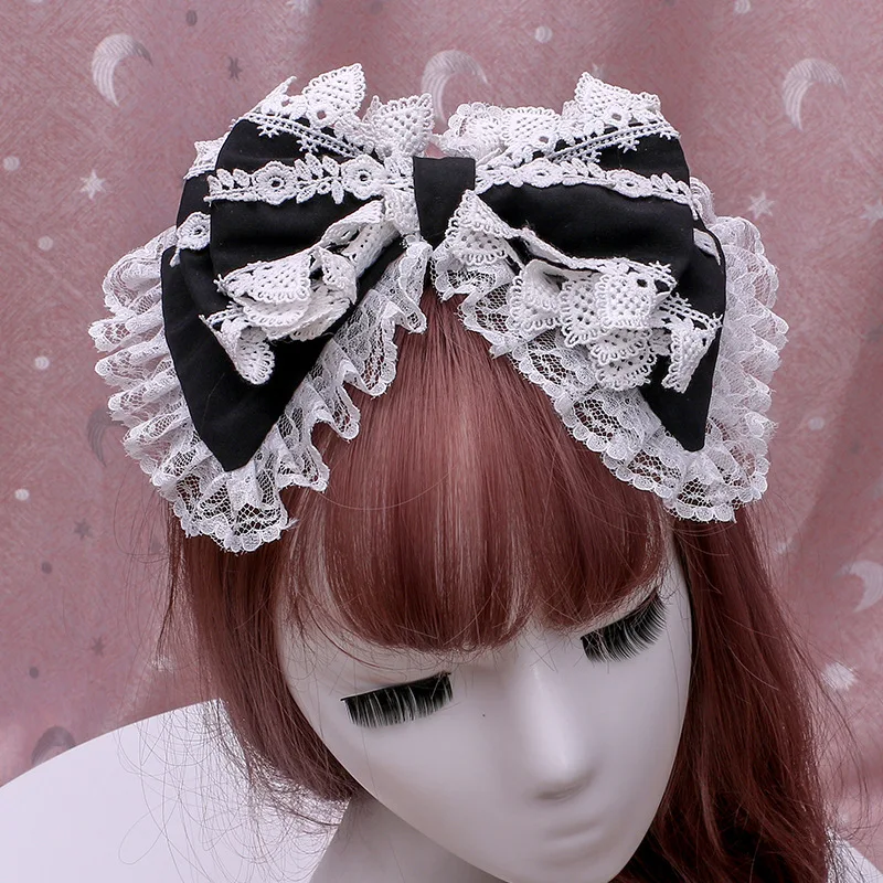 Купи Lolita Cute Girl Japanese Lace Headdress Bow Tie Headband Cosplay Hairpin Black Pink за 197 рублей в магазине AliExpress