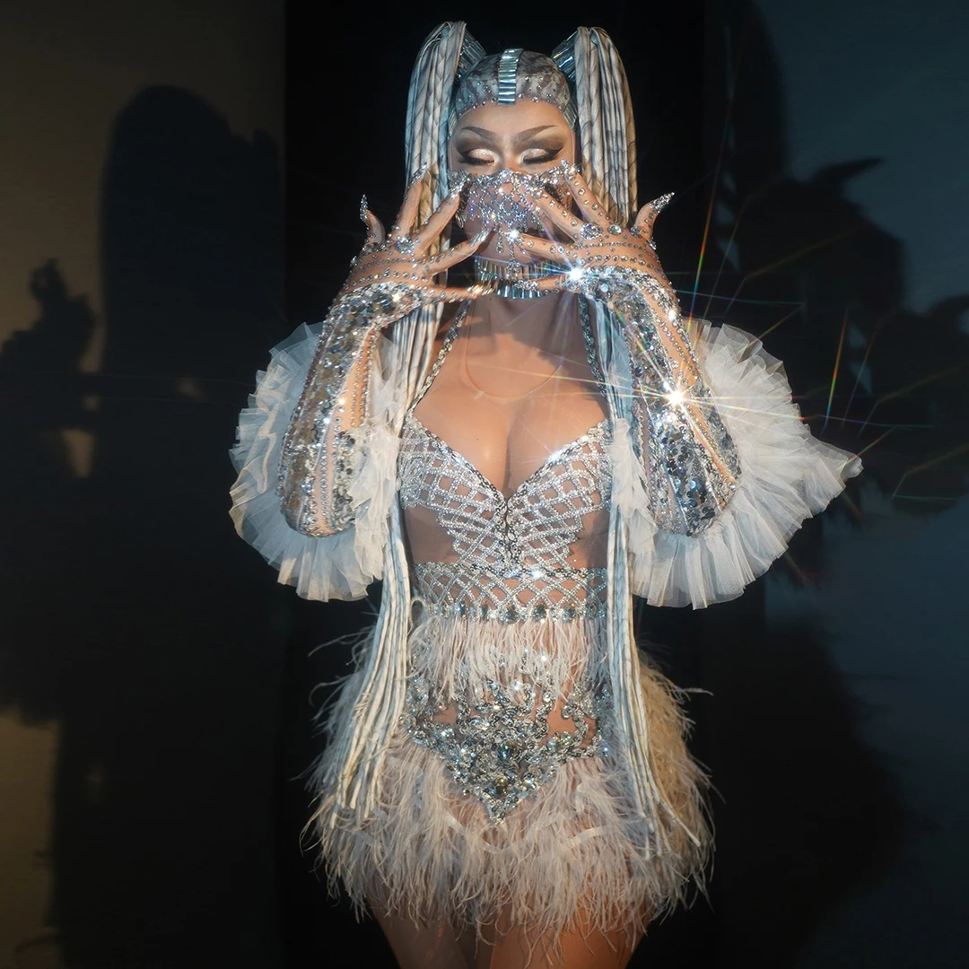 Блестящие Серебряные платья с блестками и страусиными перьями для женщин