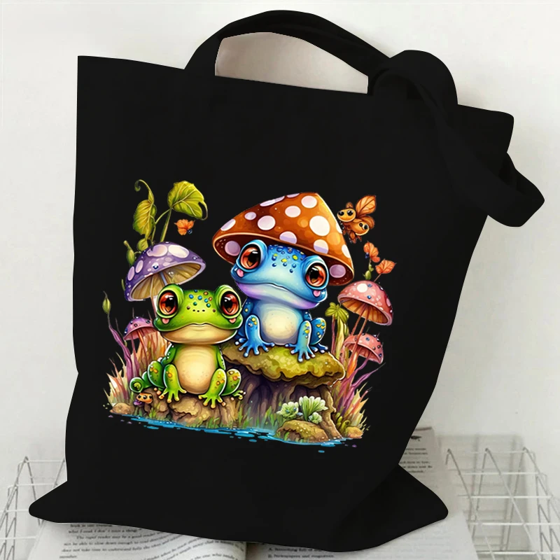 

Casual Cartoon Animal Frog Art Women Shopping Shoulder Bag Watercolor Frog Canvas Foldable Reusable Handbag Lady Cute Tote Bag