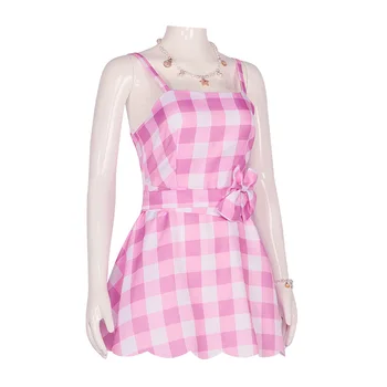 Barbie Movie Cosplay Costume - Pink Plaid Slip Sleeveless Dress 4