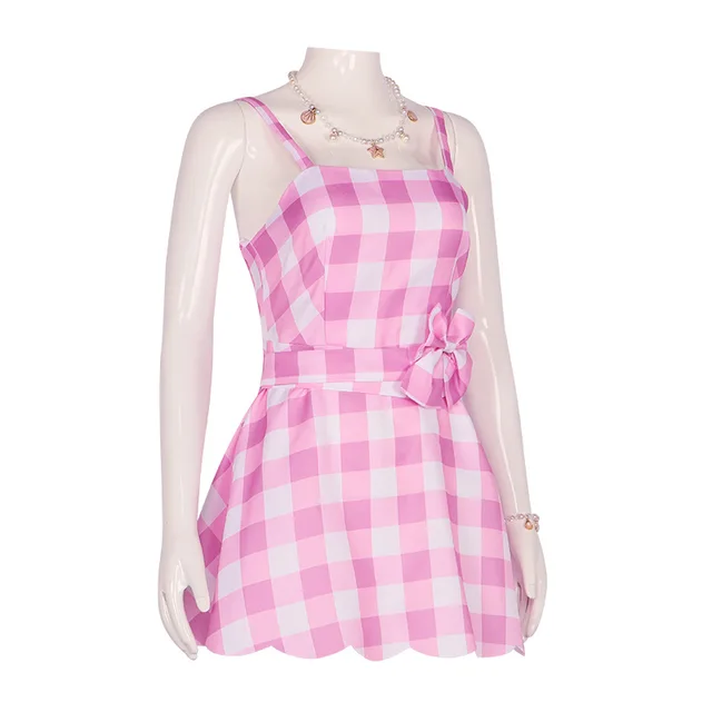 Barbie Movie Cosplay Costume - Pink Plaid Slip Sleeveless Dress 4