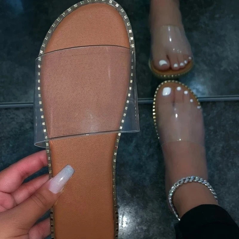 

2022 Summer European and American Transparent One-word Flat Sandals and Slippers Pvc Material Large Size Light Beach Shoes