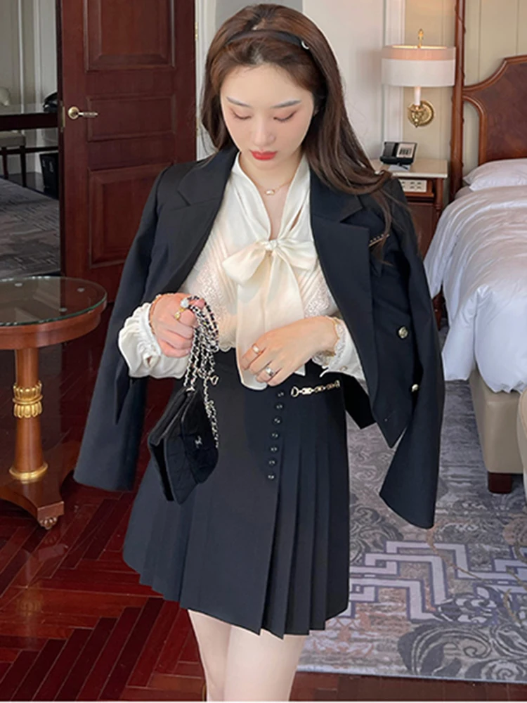 

Women's Suit 2023 New in Short Blazer + Pleated Mini Skirt Suit Female Elegant Office Lady Preppy Style Formal Two Piece Set