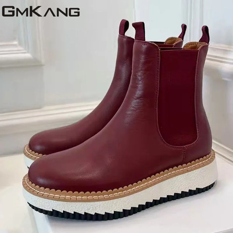 

Женские ботинки челси из натуральной кожи с круглым носком, ботинки в британском стиле, женские осенние короткие ботинки на плоской подошве