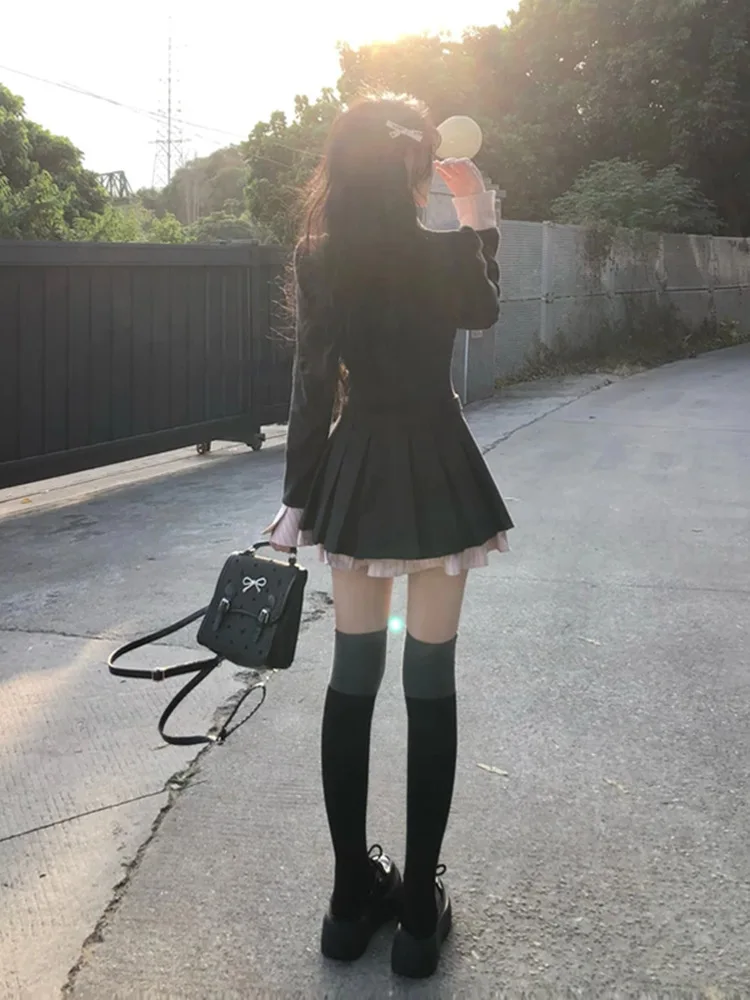 Осень 2024 женские кавайные академические черно-розовые платья с бантом для Cutecore