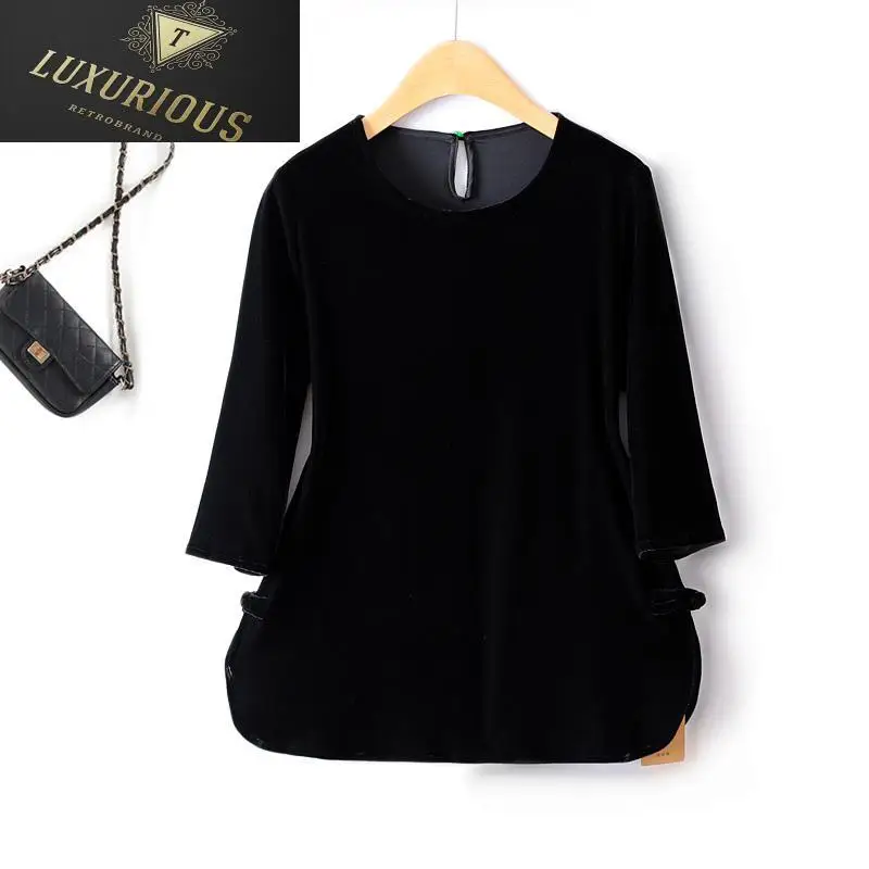 

Женский бархатный топ с круглым вырезом, рукавом 2023 и драпировкой