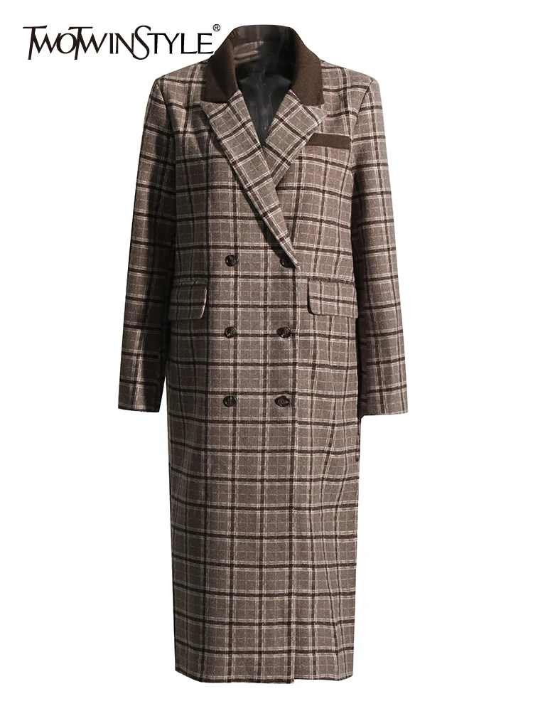 

TWOTWINSTYLE винтажное клетчатое шерстяное пальто для женщин с зубчатым воротником и длинным рукавом, двубортное цветное пальто, женская одежда 2022